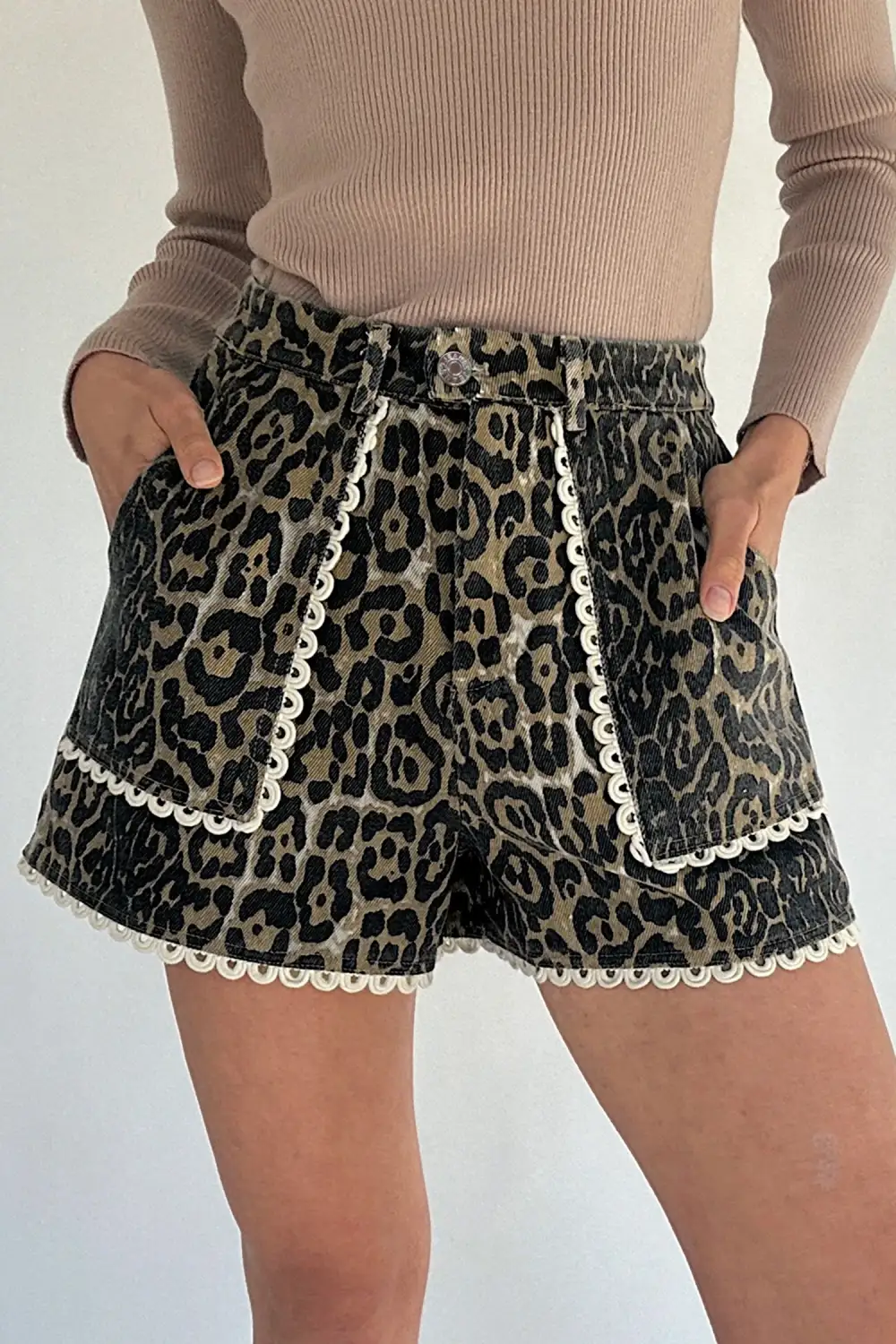 Scalloped Lace-Trim Denim Shorts