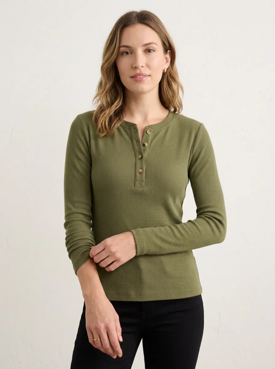 Women's Ribbed Button-Placket Button-Front Long-Sleeve Henley Shirt