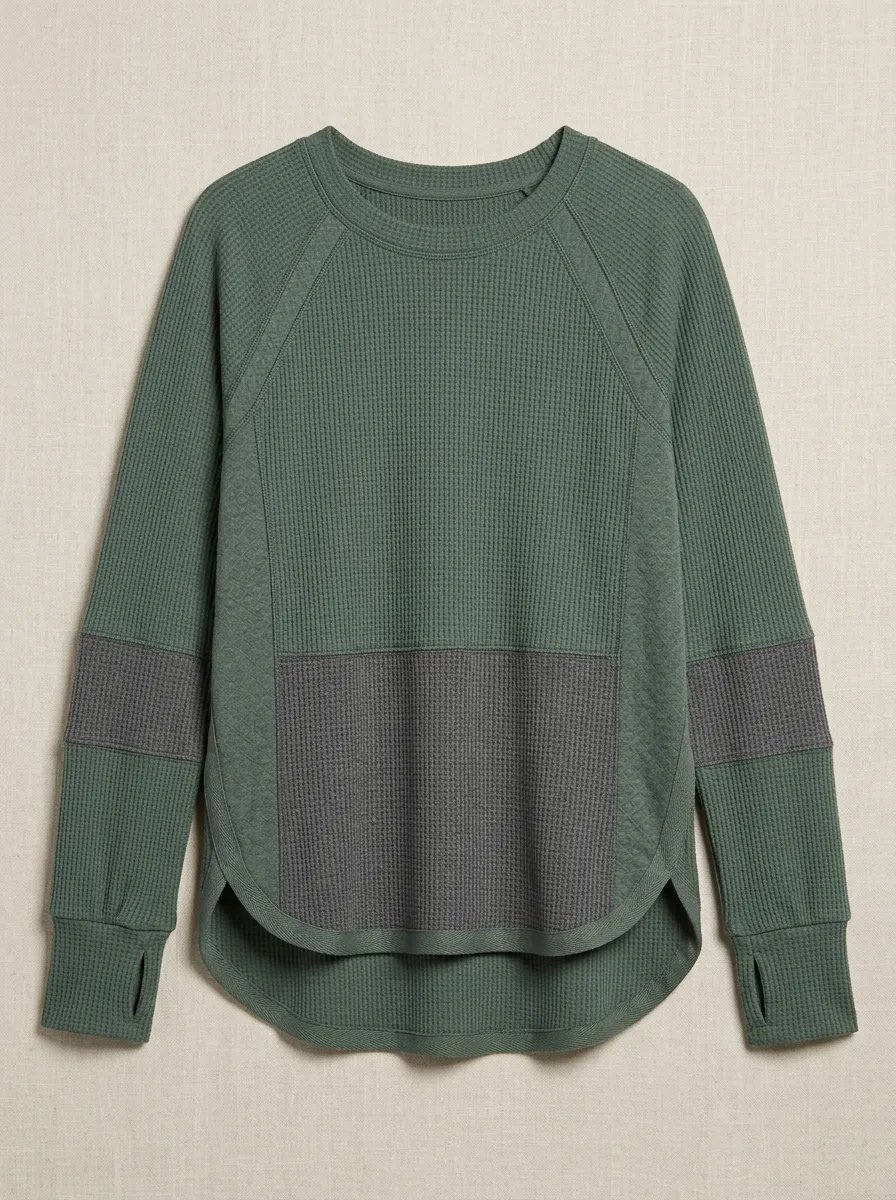 Women's Athletic Waffle Knit Colorblock Thumbhole Long Sleeve Top