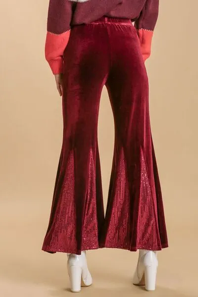 Sequin Elastic Waist Velvet Stretch Flared Pants