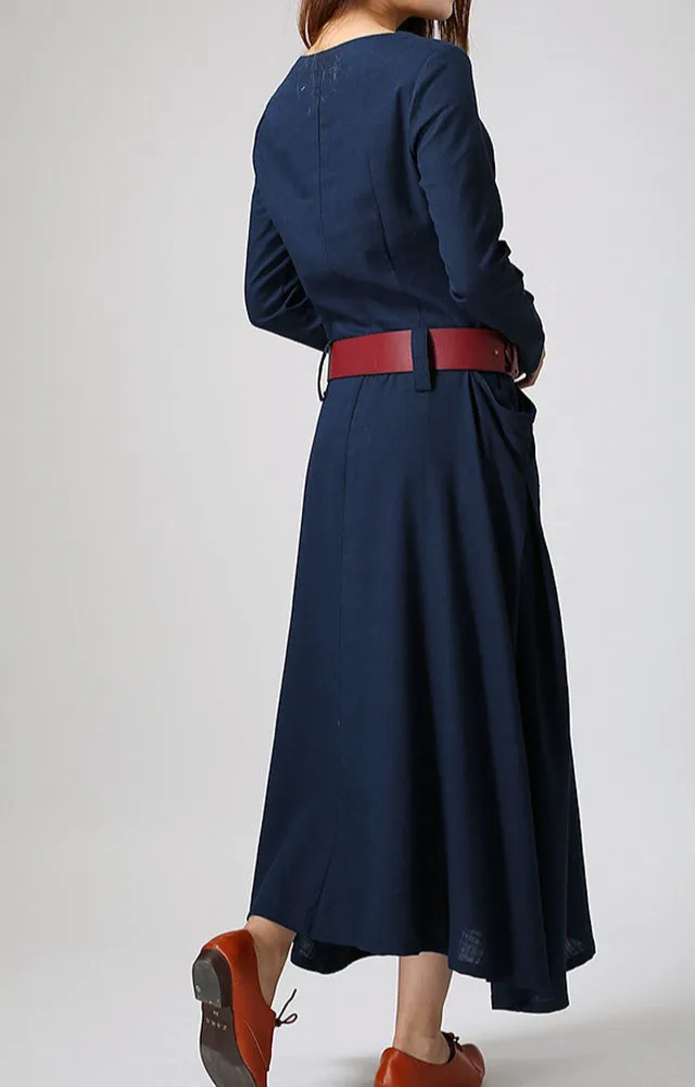 Linen A Line Swing Long Sleeve Maxi Dress