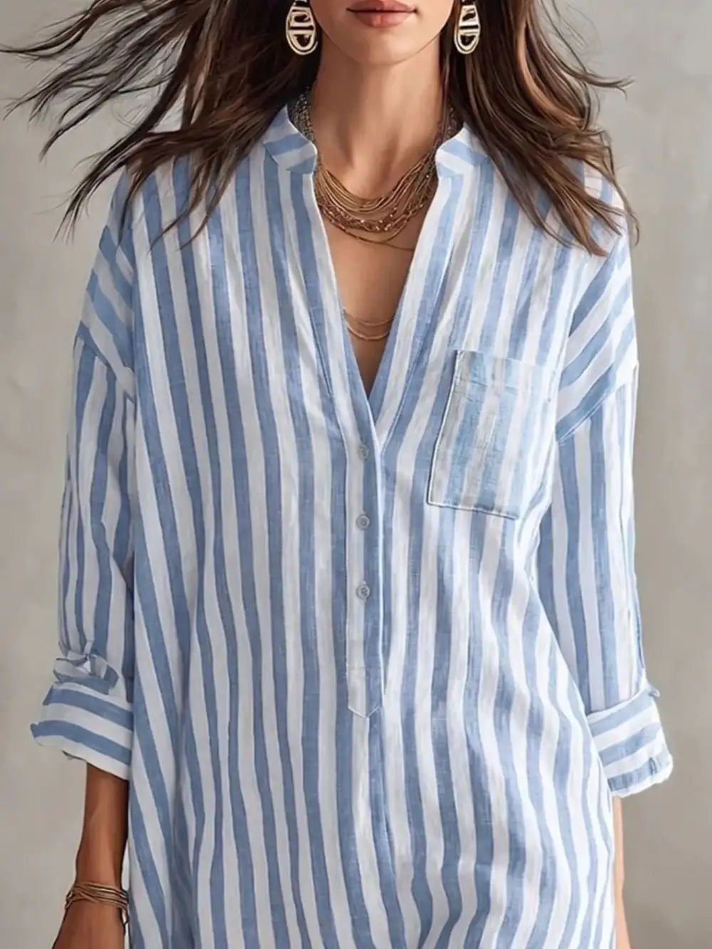 Striped Three Quarter Sleeve Shirt Dress