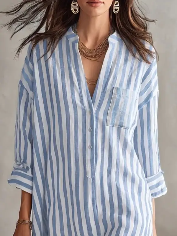 Striped Three Quarter Sleeve Shirt Dress