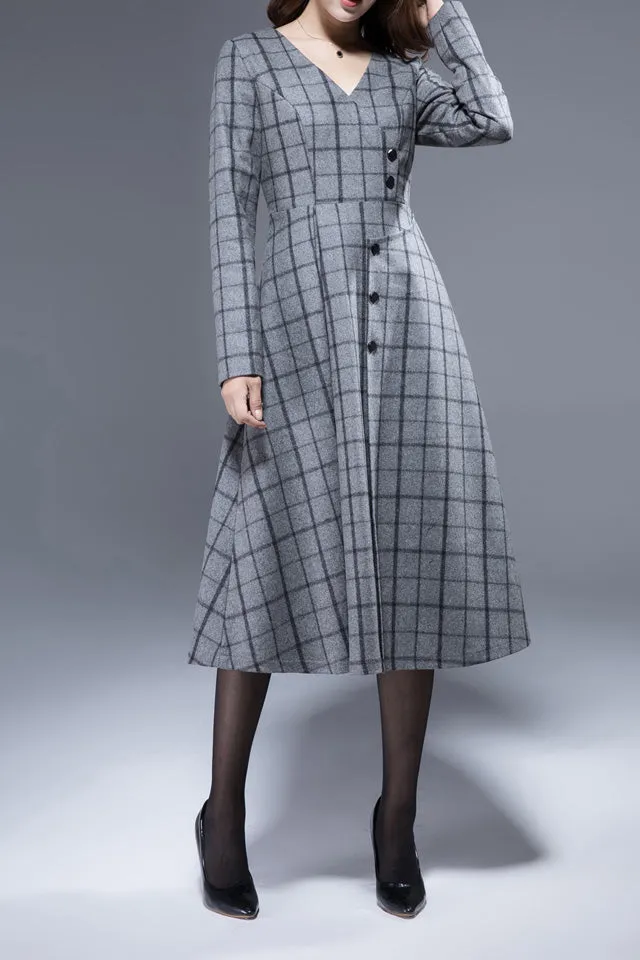 Plaid Wool Blend Tiered Long Sleeve Midi Dress