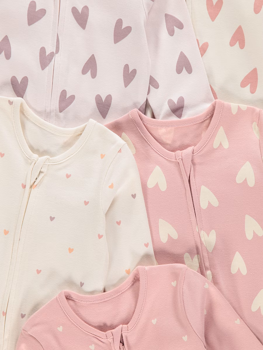 Pink Heart Print Zip Fasten Sleepsuits 5 Pack detail 1