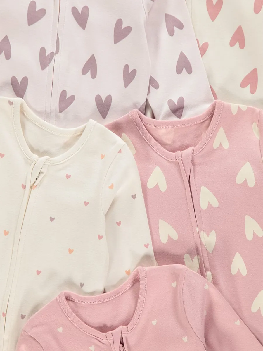 Pink Heart Print Zip Fasten Sleepsuits 5 Pack