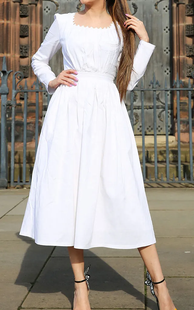 Classic Linen Cotton Fit And Flare Long Sleeve Midi Dress
