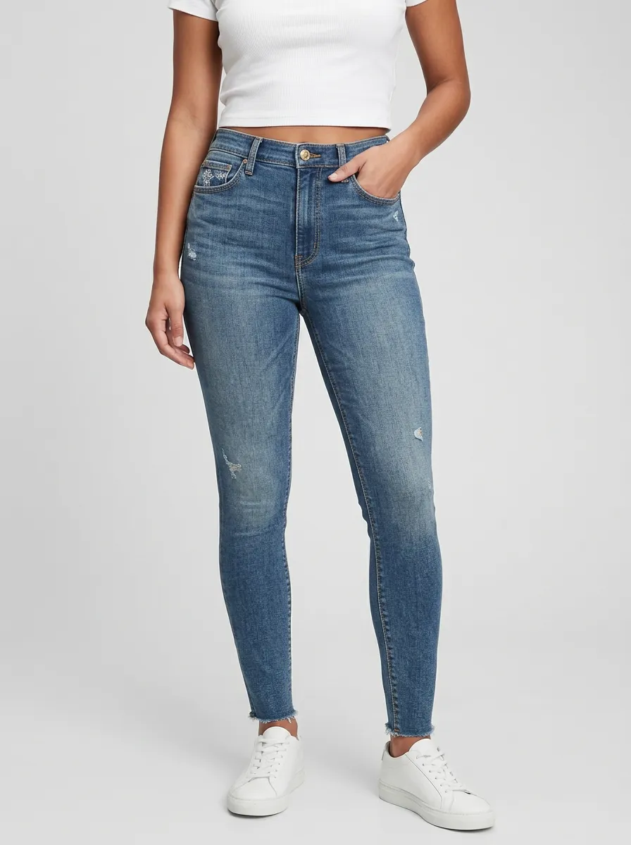 Women's Snowflake Embroidered Distressed Printed Slim Jeans