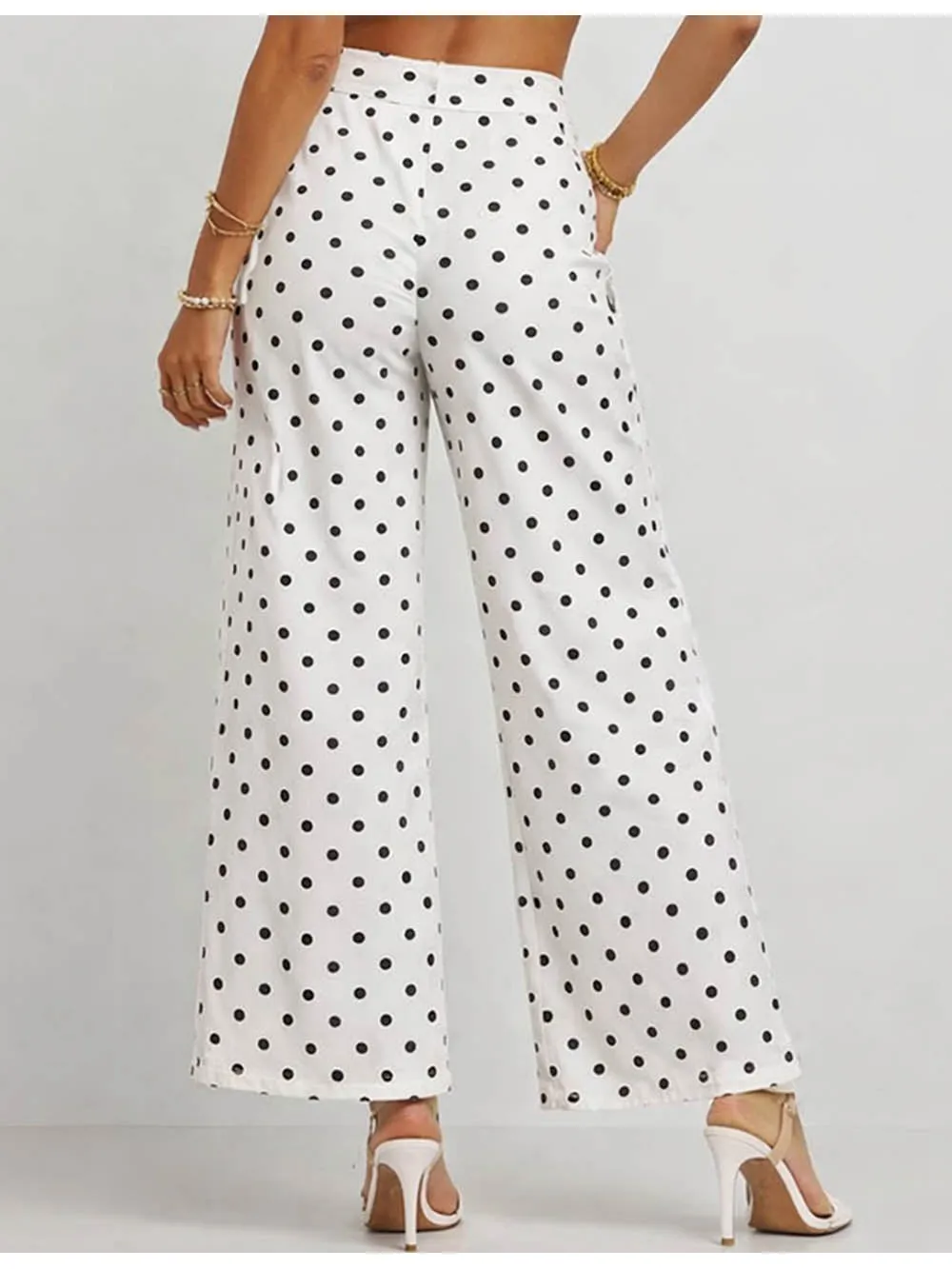 Polka Dot Button Front Pockets Wide Leg Denim Pants