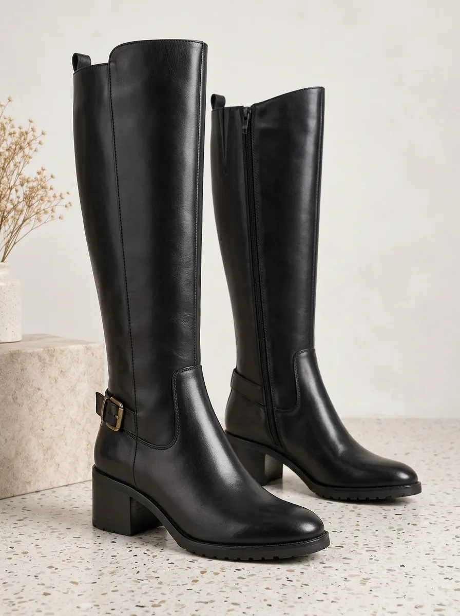 Women's Buckle Strap Side Zip Graphic Detail Knee High Boots