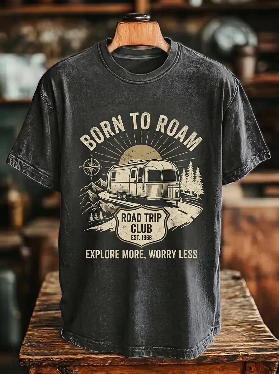 Unisex Camping Lover Born To Roam Camper Printed T-shirt