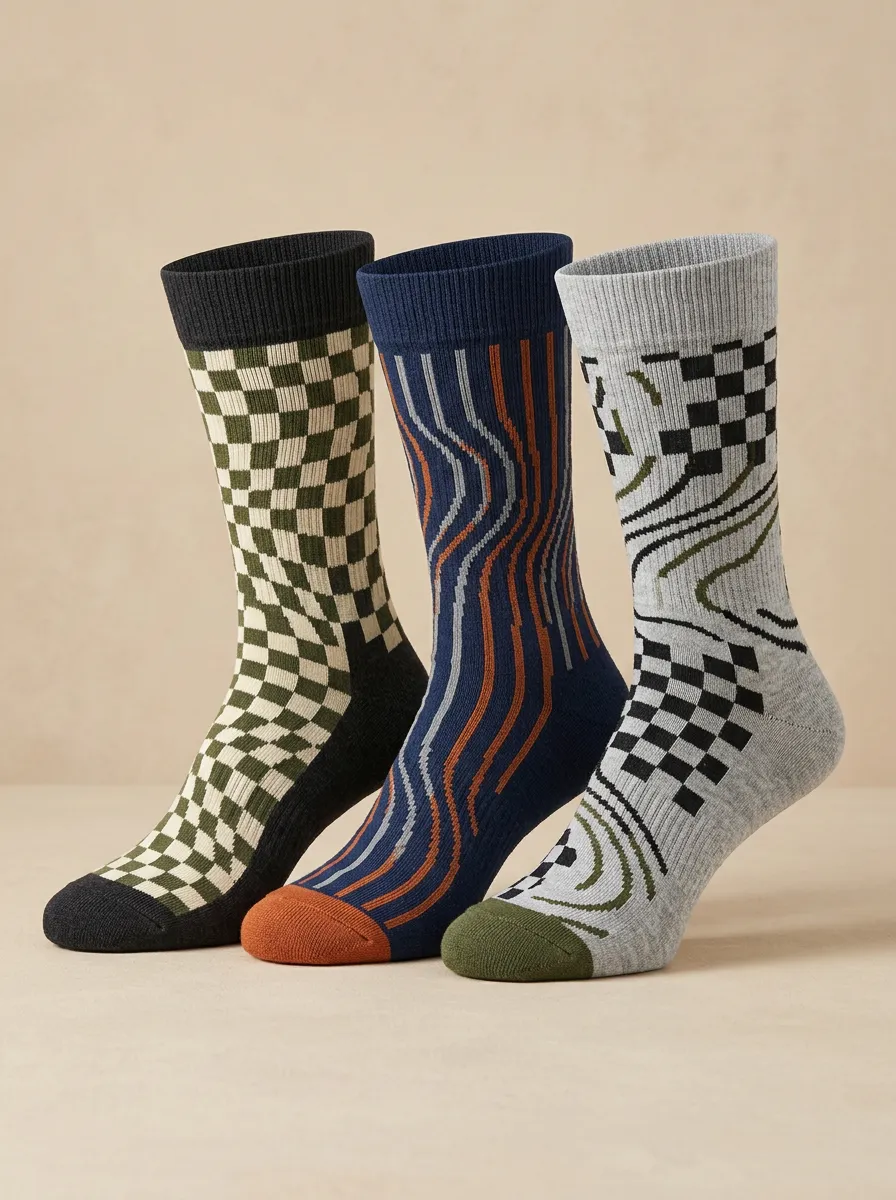 Checkerboard Geometric Wavy Casual Sock Set