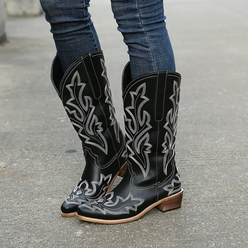 Flower Embroidery Mid-Calf Cowboy Boots