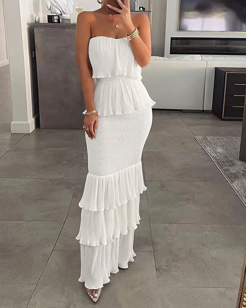 Strapless Smocked Tiered Ruffle Maxi Dress