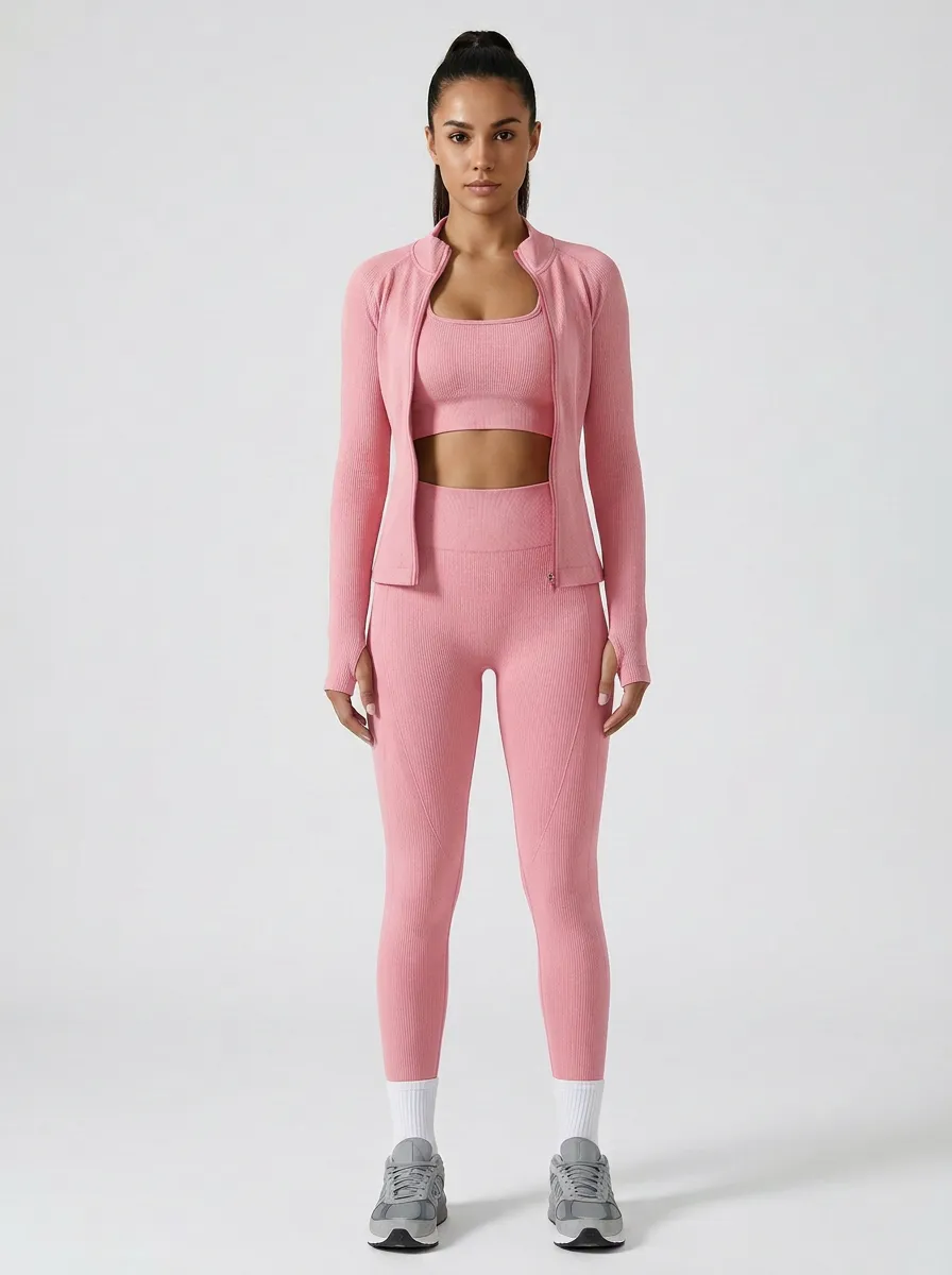 Performance-Inspired Ribbed Texture Fit Women's Three Piece Activewear Set