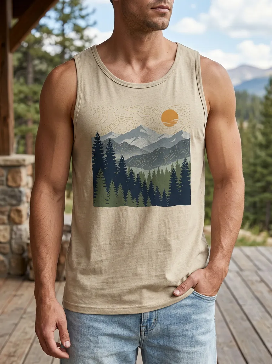 Men's Nature Mountain Forest Sun Crew Neck Tank Top