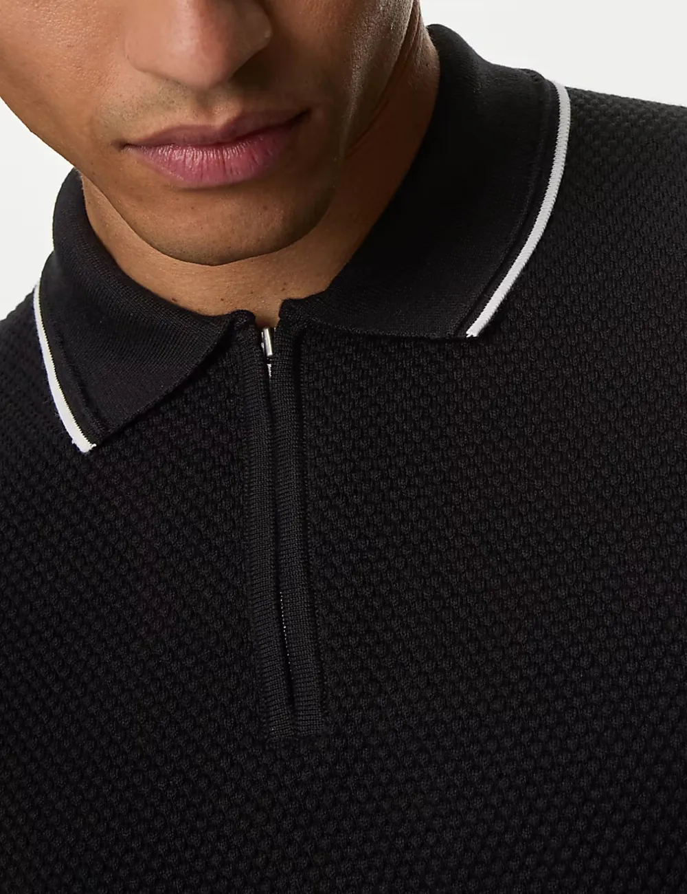 Men's Black Textured Knitted Polo Shirt