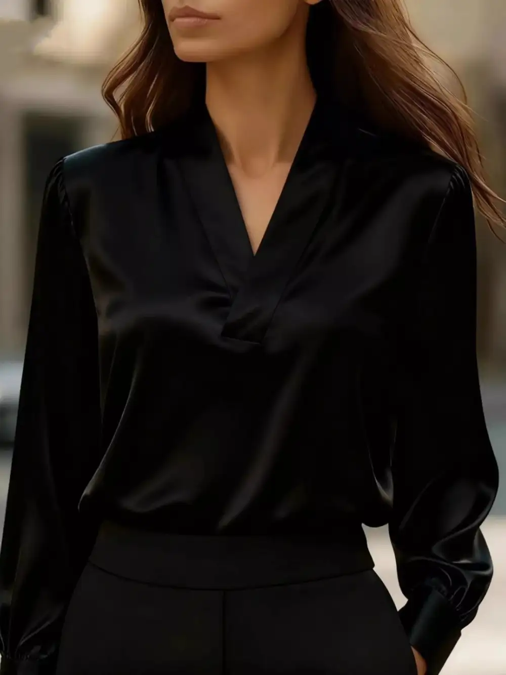 V-Neck Long Sleeve Satin Blouse