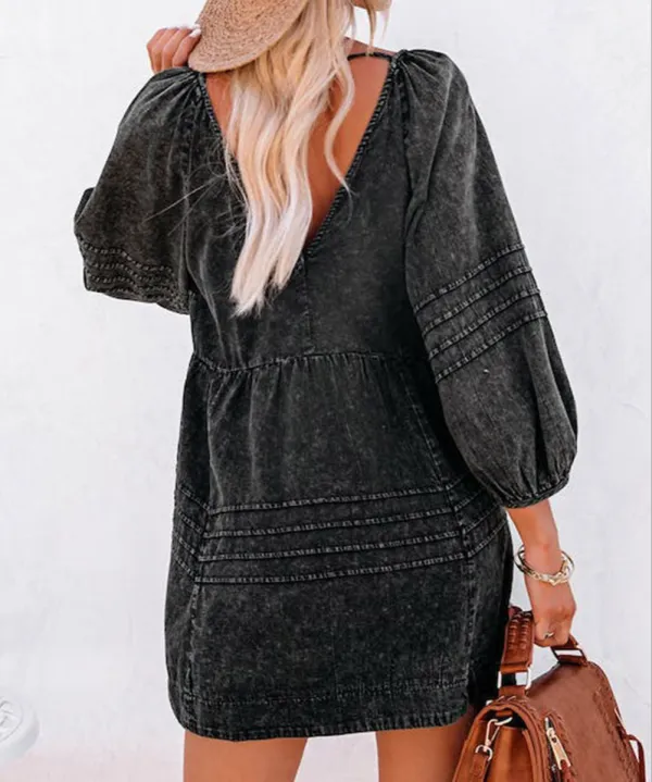 Pleated V Neck Puff Sleeve Denim Babydoll Dress