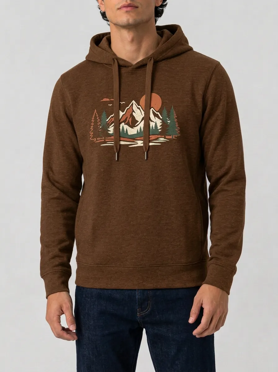 Men's Mountain Forest Graphic Pullover Metal-Aglet Drawcord Hoodie