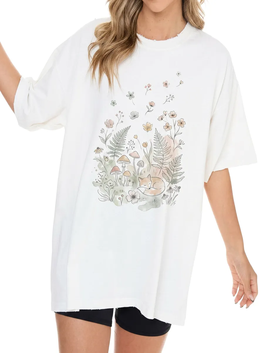 Women's Nature Lover Sleeping Fox Mushroom Floral Printed T-shirt
