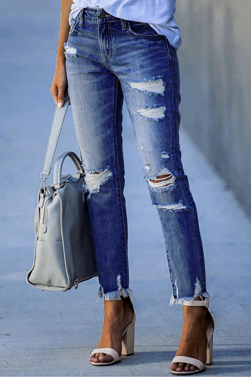 Distressed Raw Hem Straight Leg Jeans