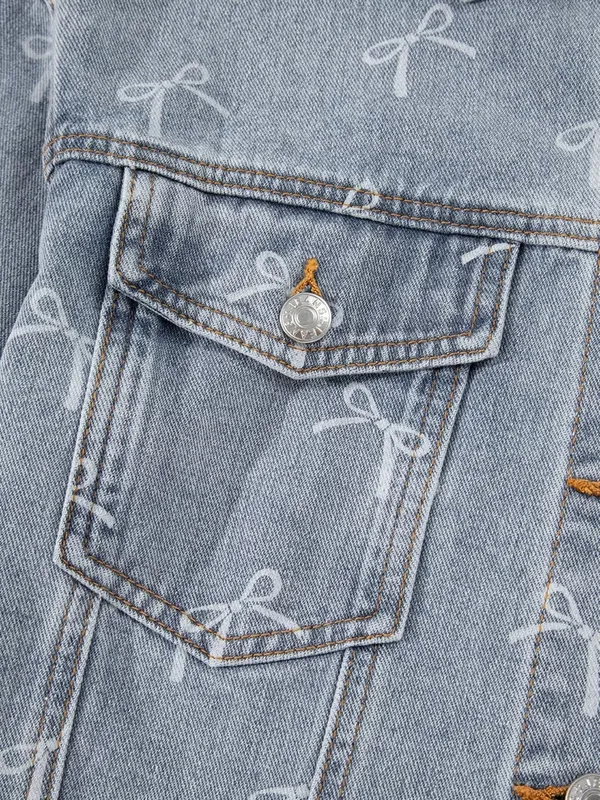 Bow Knot Print Light Wash Raw-Hem Denim Jacket