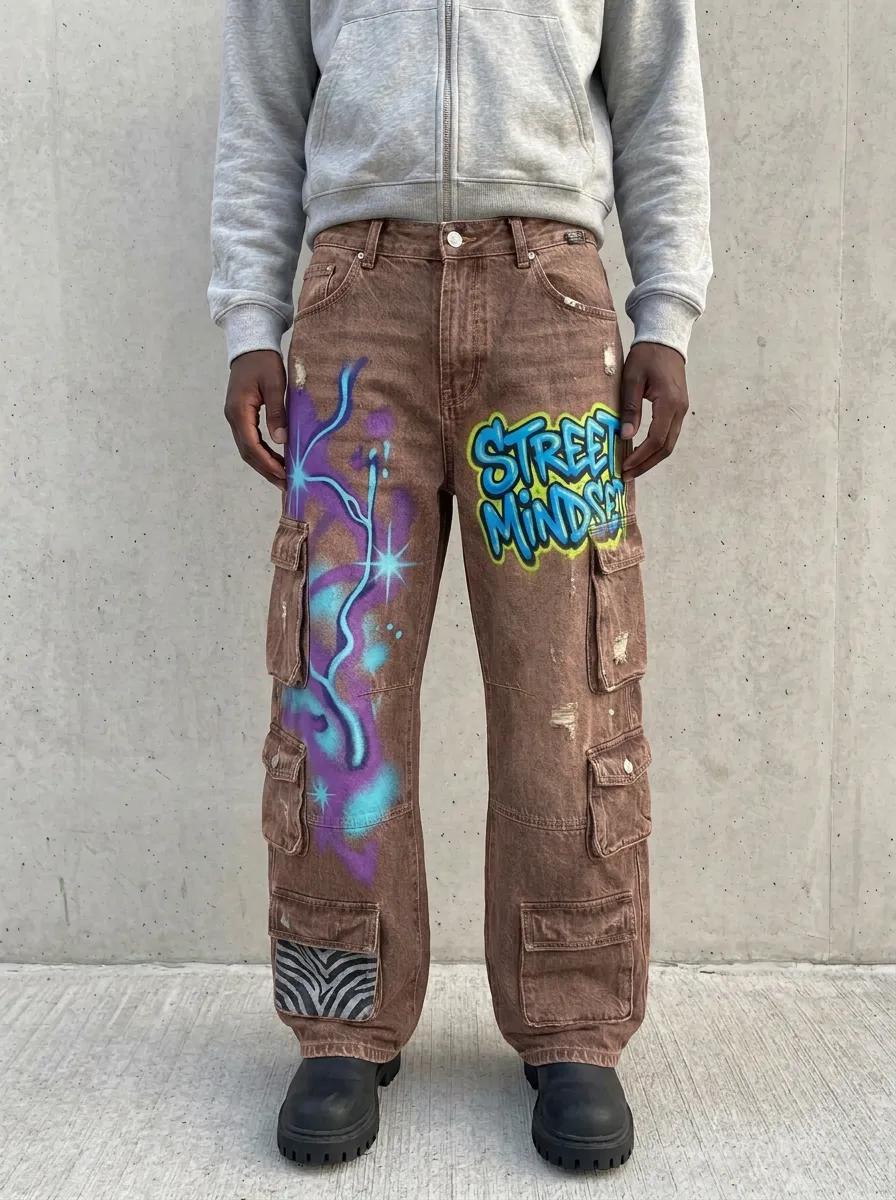 Men's Streetwear Graffiti Street Mindset Graphic Cargo Jeans
