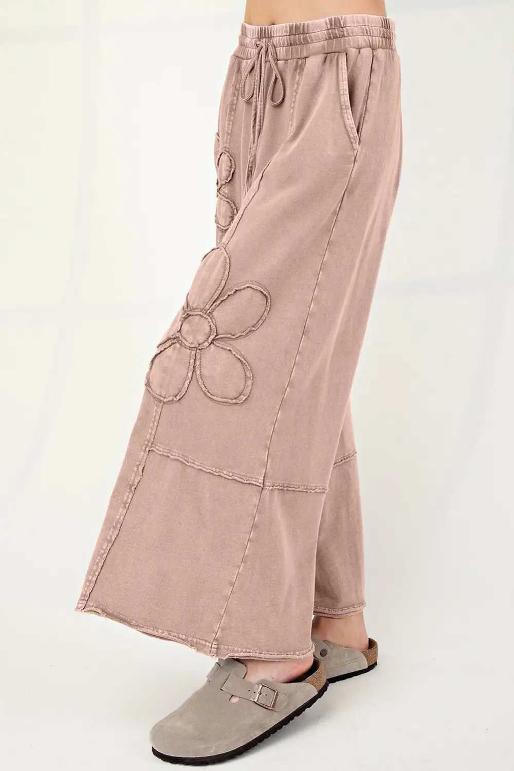 Flower Patch Washed Terry Knit Cropped Wide Leg Trousers