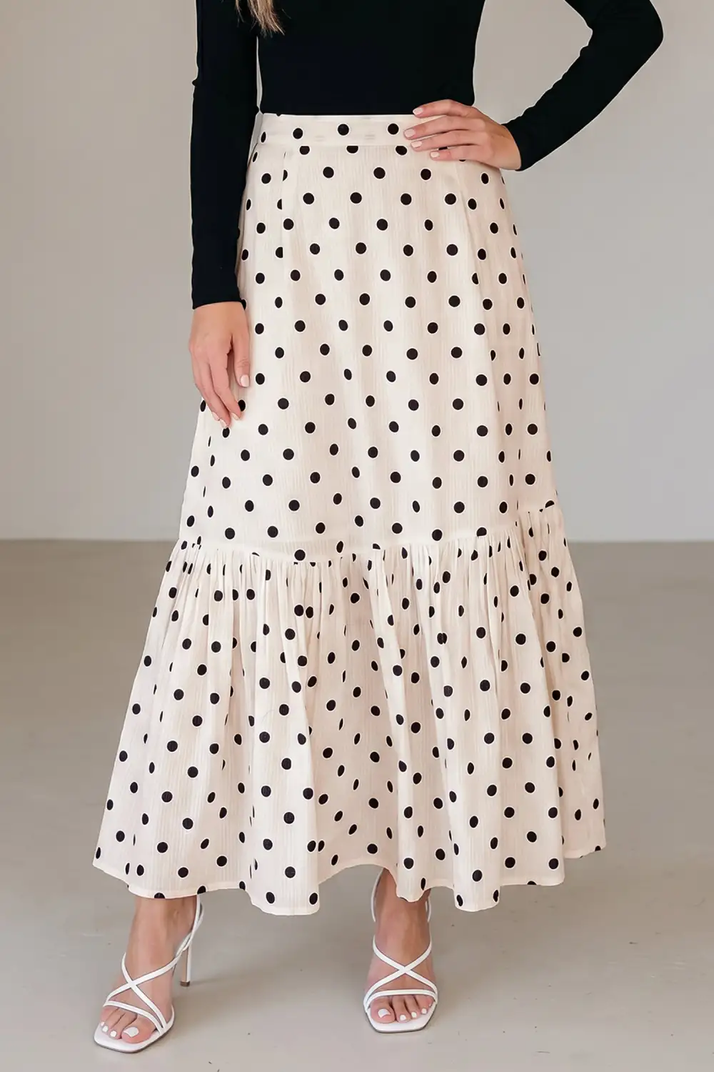 Polka Dot Ruffled Slit Maxi Skirt