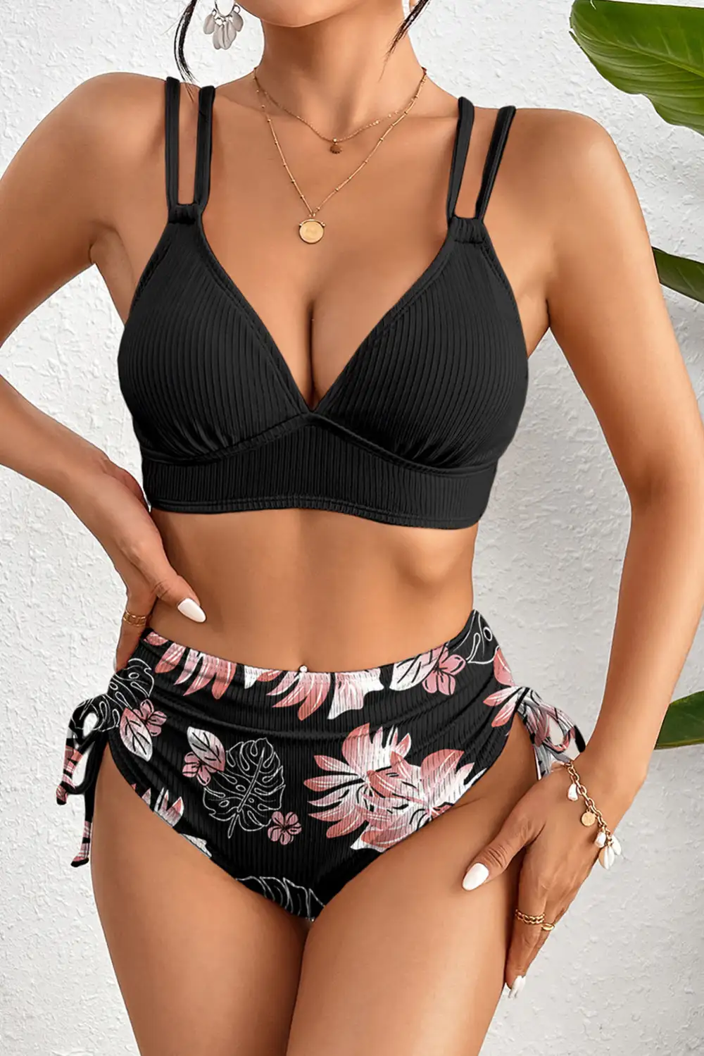 Ribbed Knit High Waist Bikini Swim Set