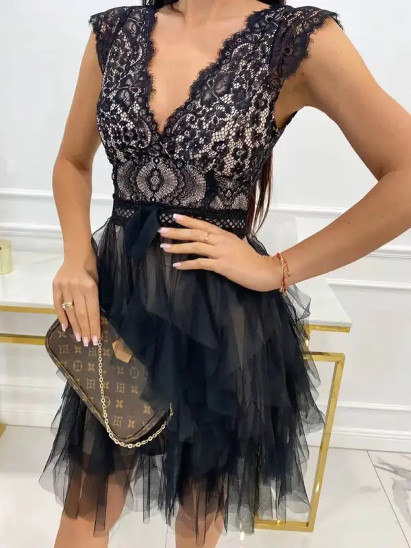 Neck Lace Trim Sleeveless Party Mini Dress