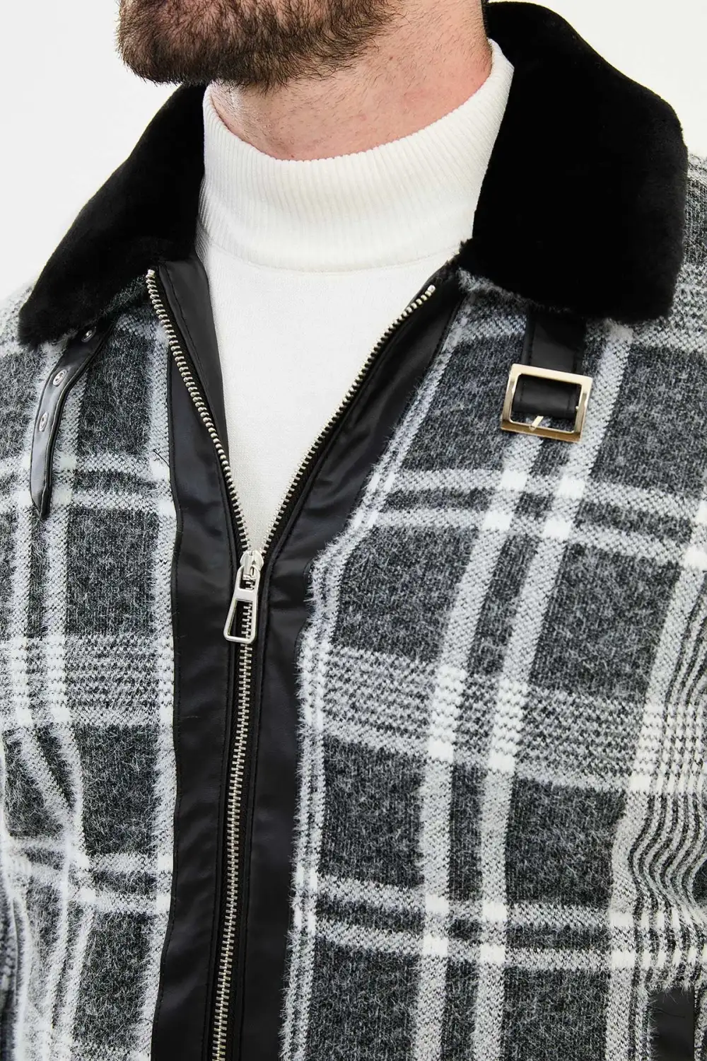 Refined Slim Fit Zip Front Plaid Wool Tailored Coat