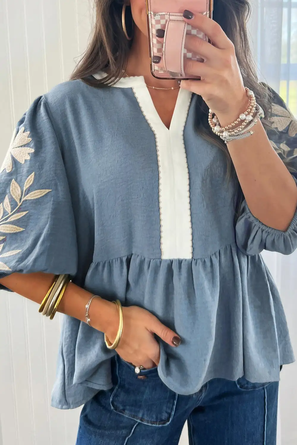 Women's Embroidered Colorblock Patchwork Top