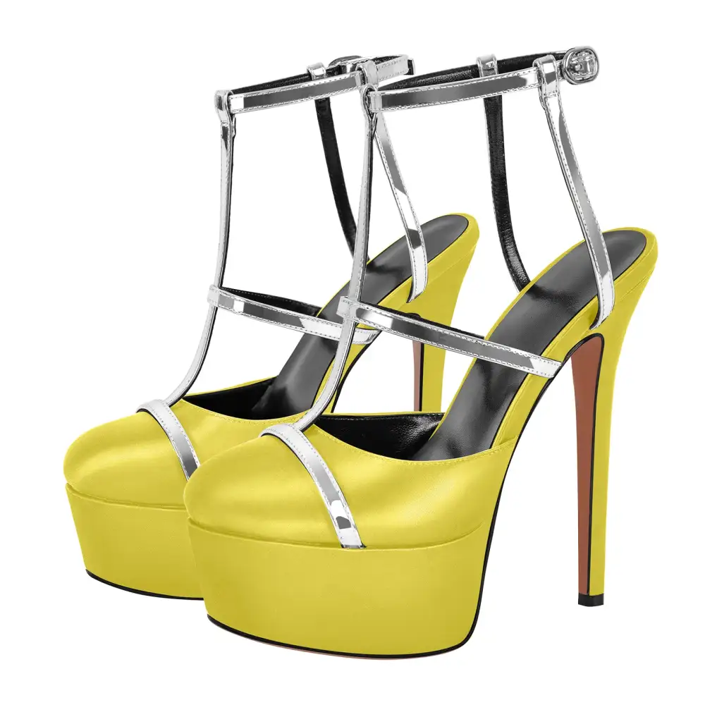 Modern Round Toe Platform Stiletto Ankle Strap Pumps