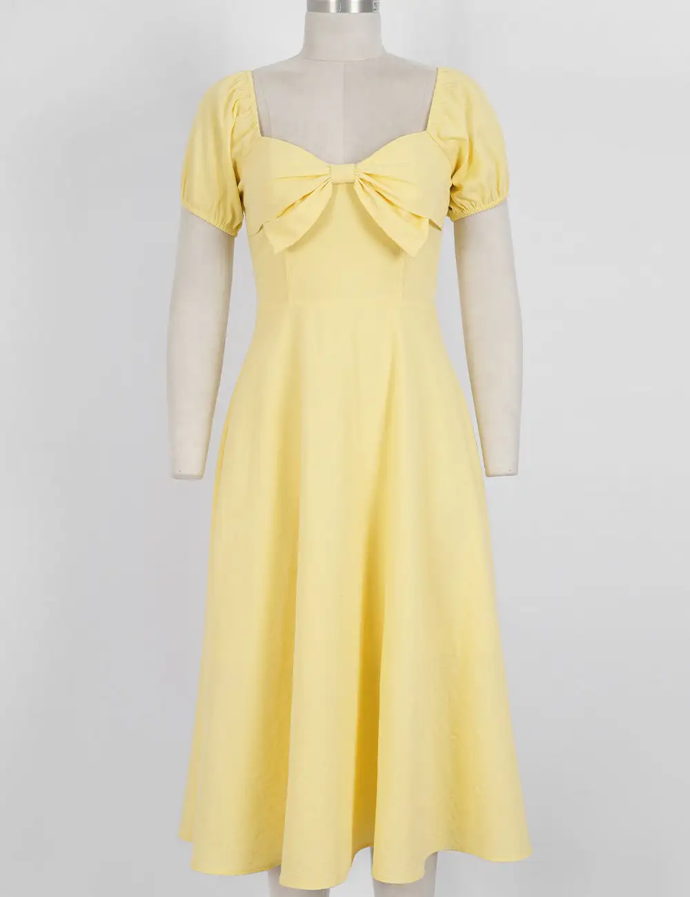 Bow Square Neck Solid Color Short Sleeves Midi Dress