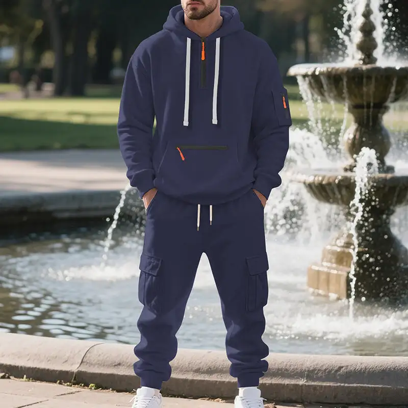 Men's Urban Cargo Tracksuit with Hooded Hoodie and Zipper Pockets Cargo Pants
