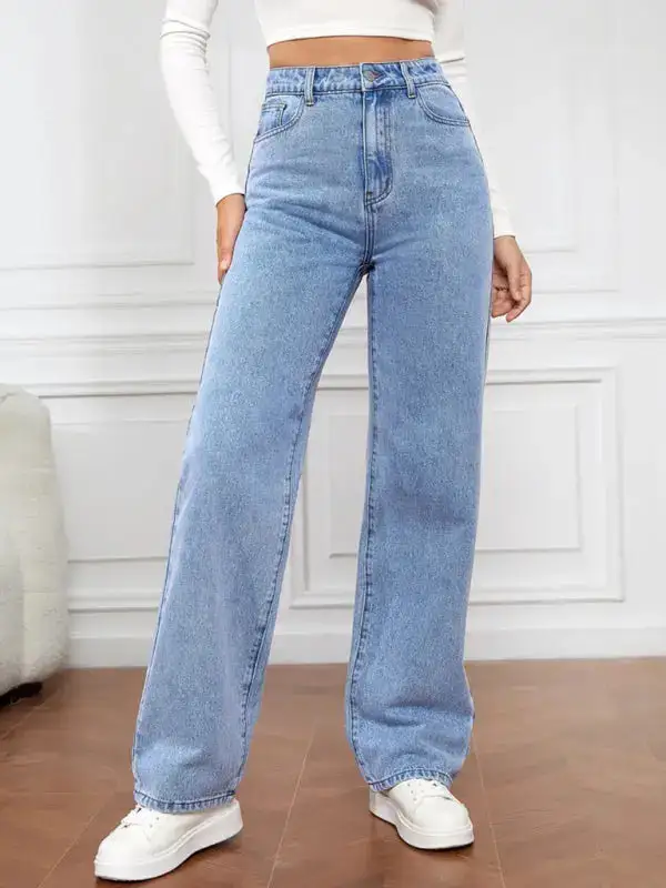 Refined High-Waist Washed Pocketed Straight Leg Jeans
