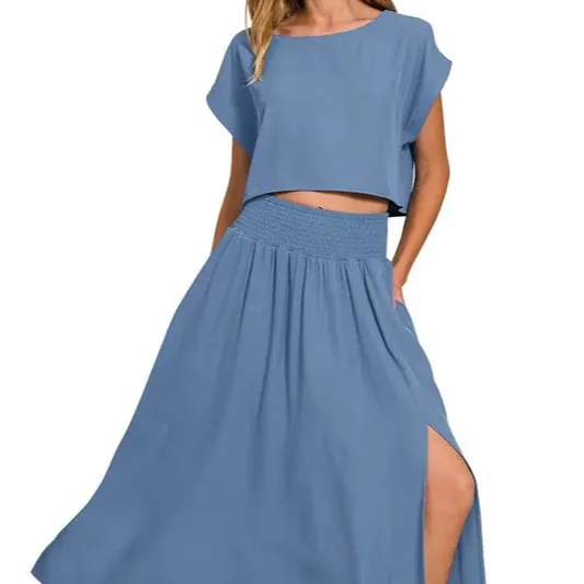 Woven Crinkle Gauze Crop Tee and Skirt Set