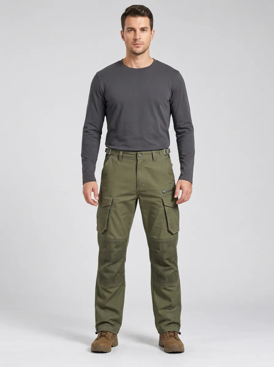 Men's Olive Green Topographic Multi-Pocket Reinforced Knee Zip Thigh Pocket Drawcord Hem Tactical Cargo Pants
