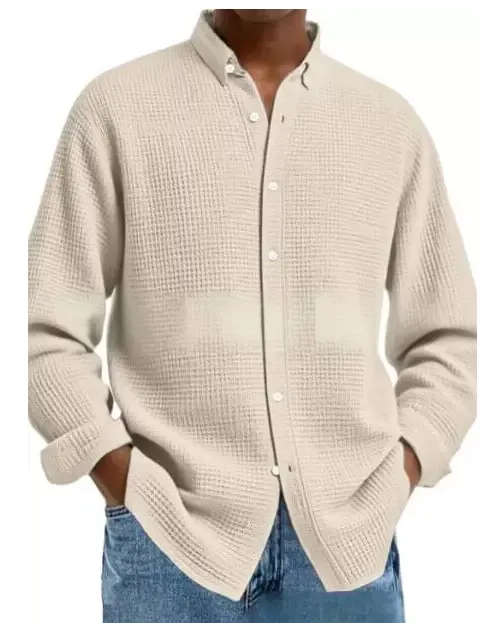 Men's Solid Color Waffle Knit Fashion Casual Long Sleeve Shirt Cardigan