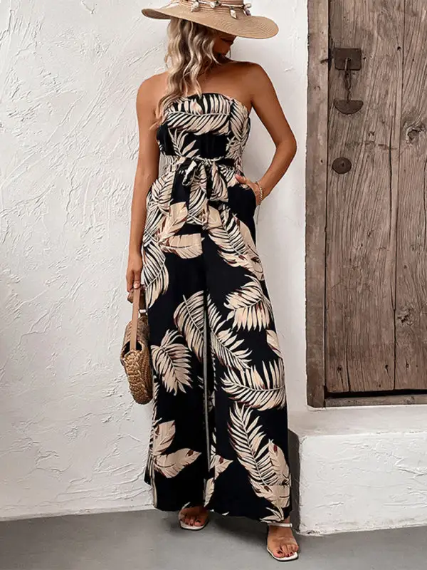 Plant Leaf Print Tube Top Jumpsuit