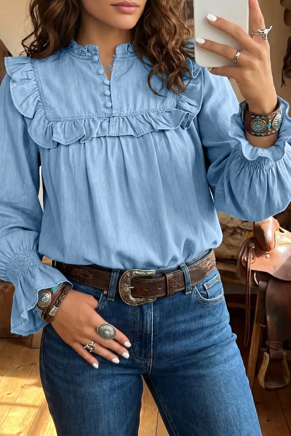 Women's Chambray V Neck Long Sleeve Top