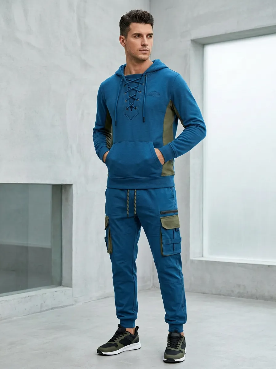 Urban Lace-Up Multi Pocket Street Look Men's Lace Up Hoodie And Cargo Jogger Set