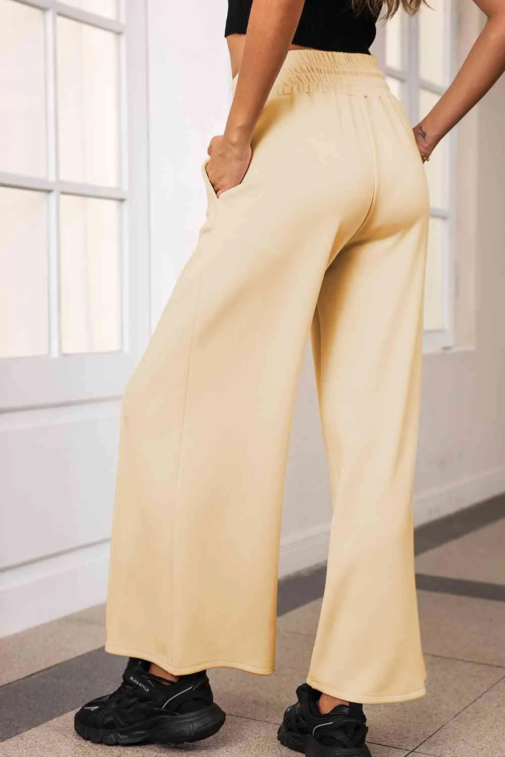 Polished Drawstring Wide Leg Pants With Pocket