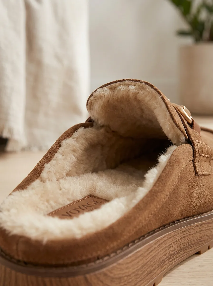 Women's Worksite Faux Fur Lined Buckle Detail Platform Suede Wood Sole Loafers