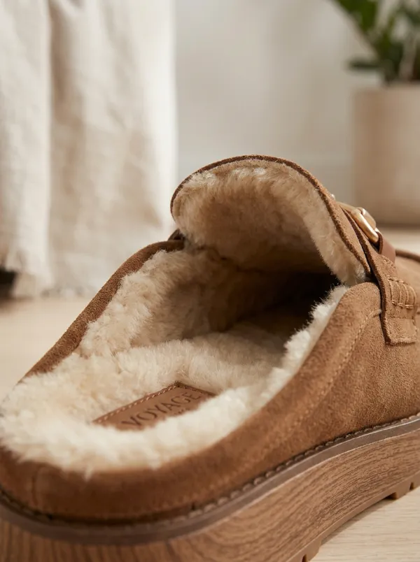 Women's Worksite Faux Fur Lined Buckle Detail Platform Suede Wood Sole Loafers