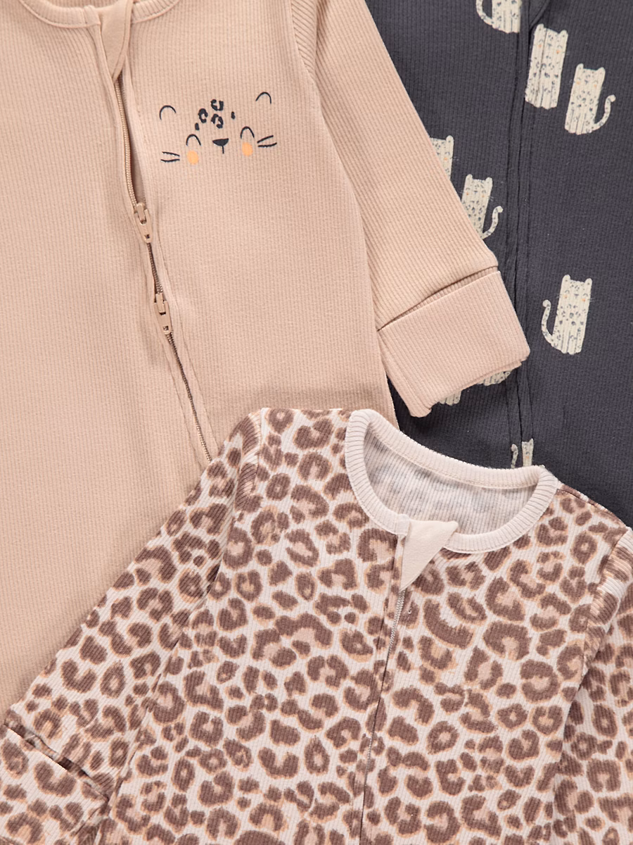 Leopard Ribbed Zip Fasten Sleepsuits 3 Pack detail 1