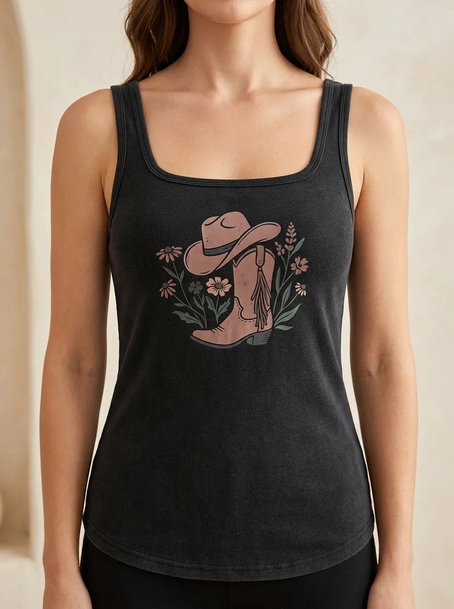 Western Cowboy-Hat Floral Built-In Bra Tank Top