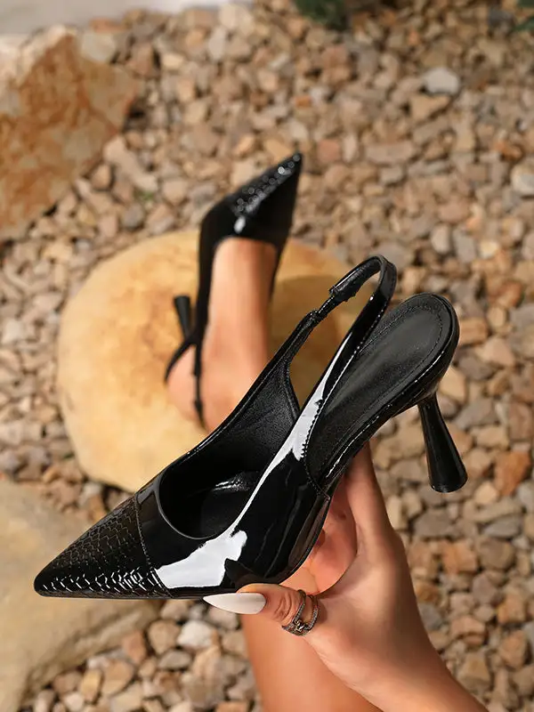 Pointed-Toe Panel Detail Slide Heeled Sandals
